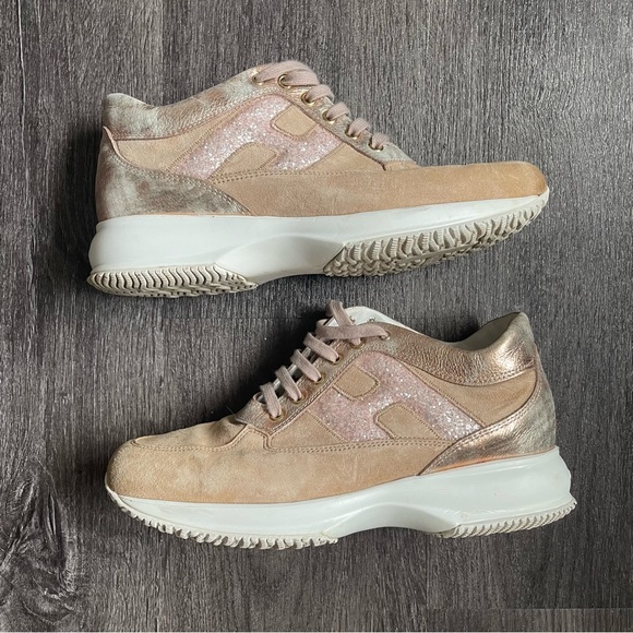 Hogan Beige Pink Glitter Woman’s interactive lace up Sneakers (39 1/2) - Picture 3 of 15